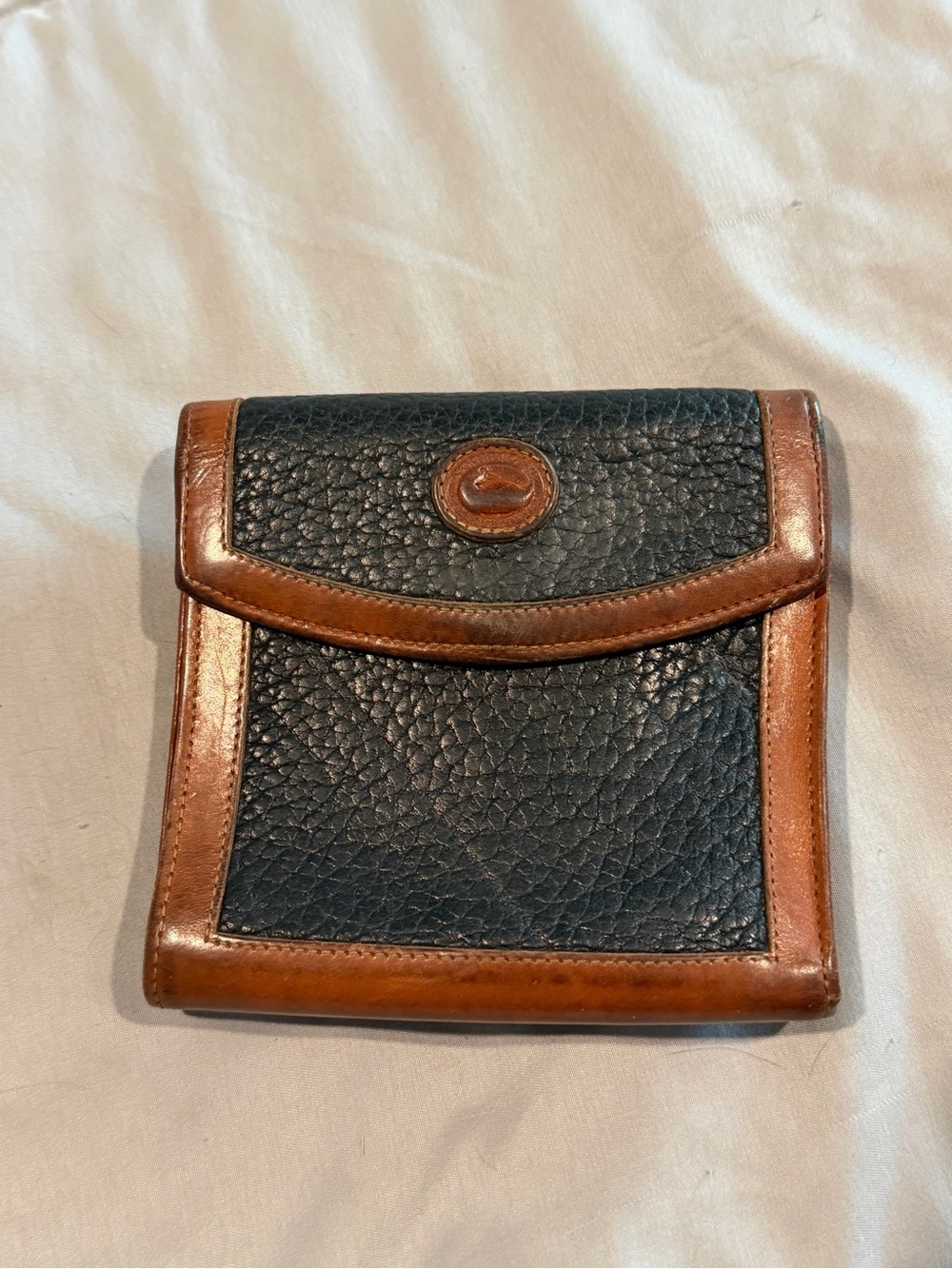 Vintage Dooney & Bourke Navy Pebbled Leather Coin Pouch with Brown Trim